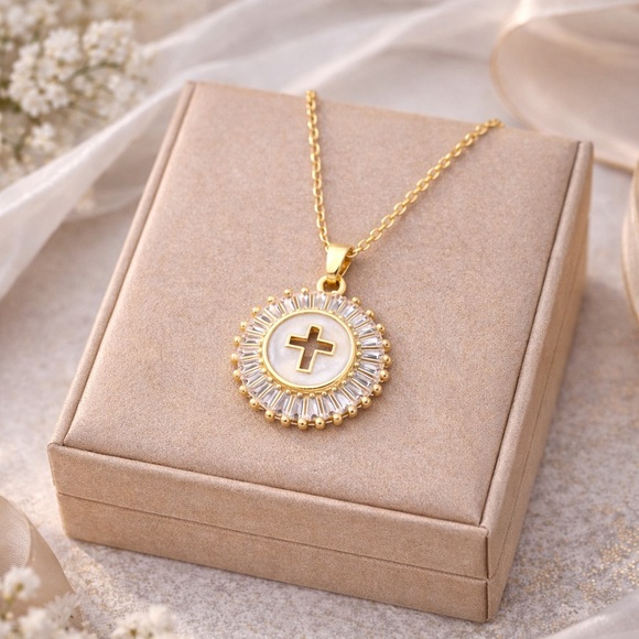 Gold Cut-Out Cross Medallion Necklace with Mother-of-Pearl & CZ Halo - Picture 2 of 3